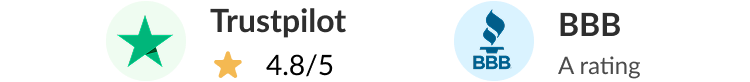Trustpilot 4.8/5 rating and BBB A rating